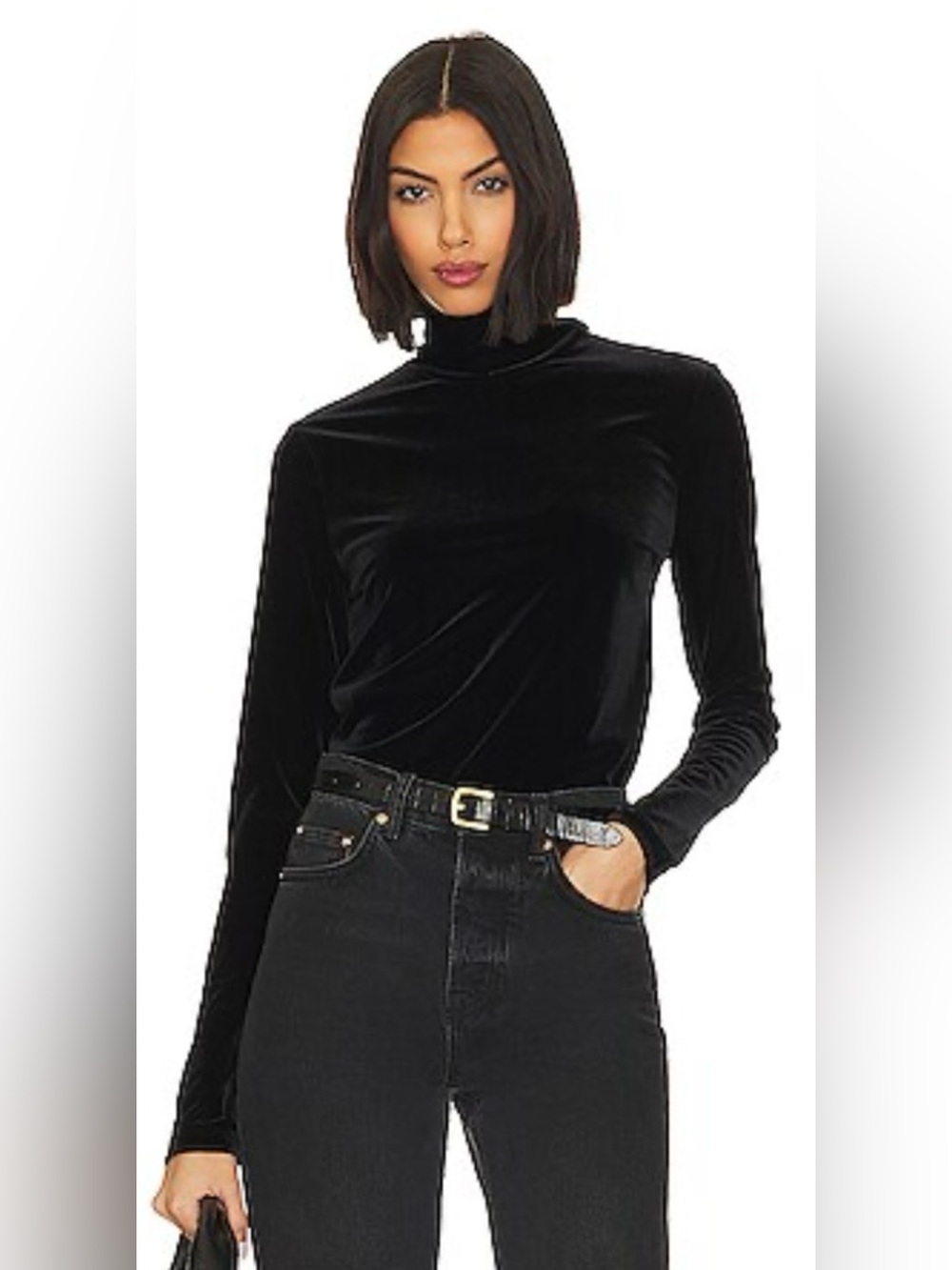AGOLDE Pascale Black Velvet Turtleneck Top XS Made in USA Luxe Stretch